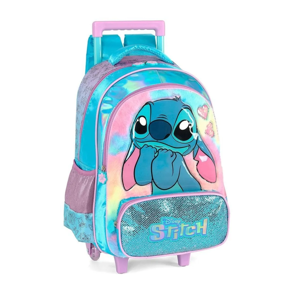 Mochila Com Rodinhas Escolar Infanti Stitch Happy Em Plush Com Glitter Azul