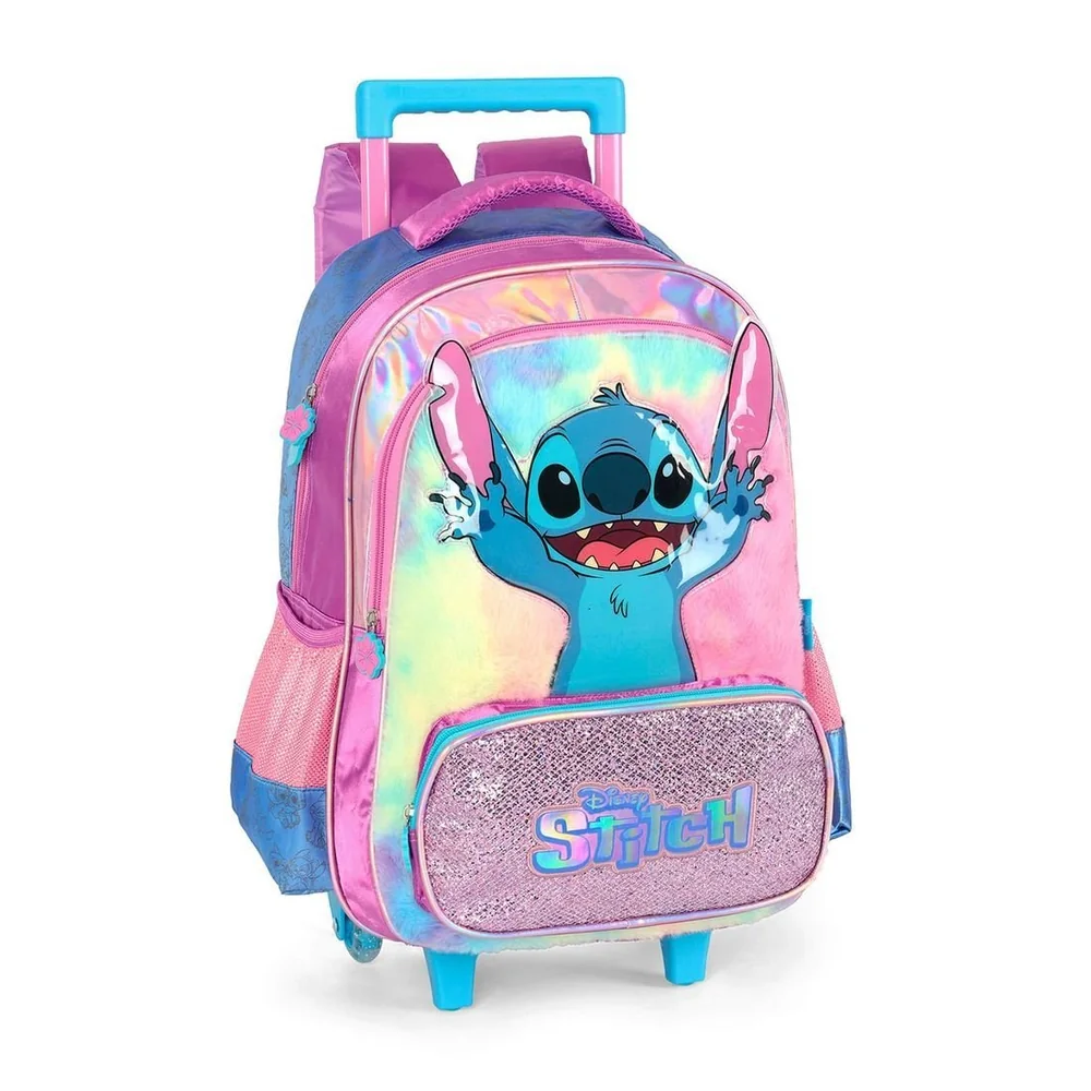 Mochila Com Rodinhas Escolar Infanti Stitch Happy Em Plush Com Glitter Roxo