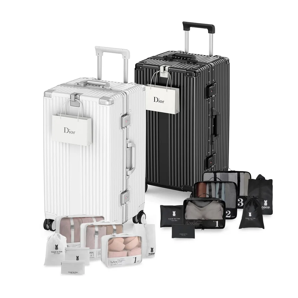 Kit Malas de Viagem 32kg Holanda Bau Maloa Branco e Preto com 2 Kits Organizadores Branco e Preto