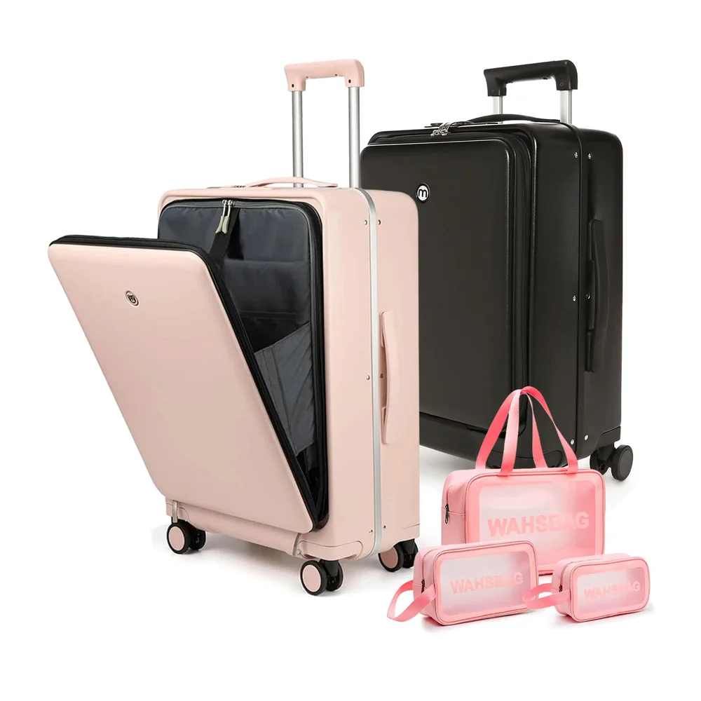 Kit Malas de Bordo 10kg Belgica Maloa Rosa e Preto em Policarbonato com Kit Washbag Rosa