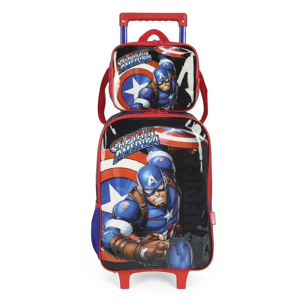 Kit Bolsa Escolar Infantil E Lancheira Capitão América Azul